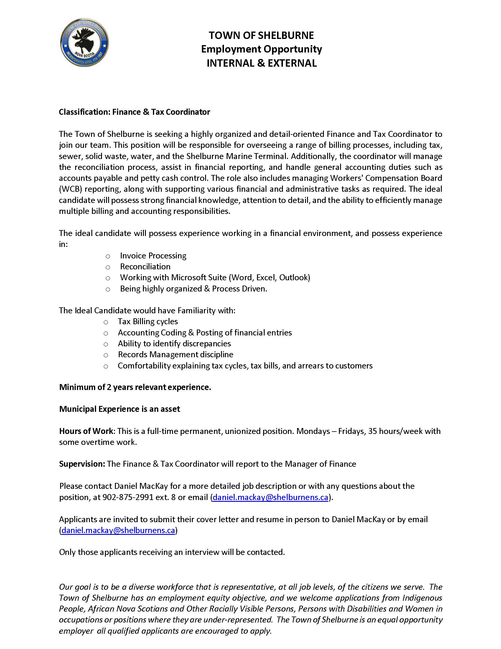 Job Ad Finance Tax Coordinator 2026 Updated Page 1