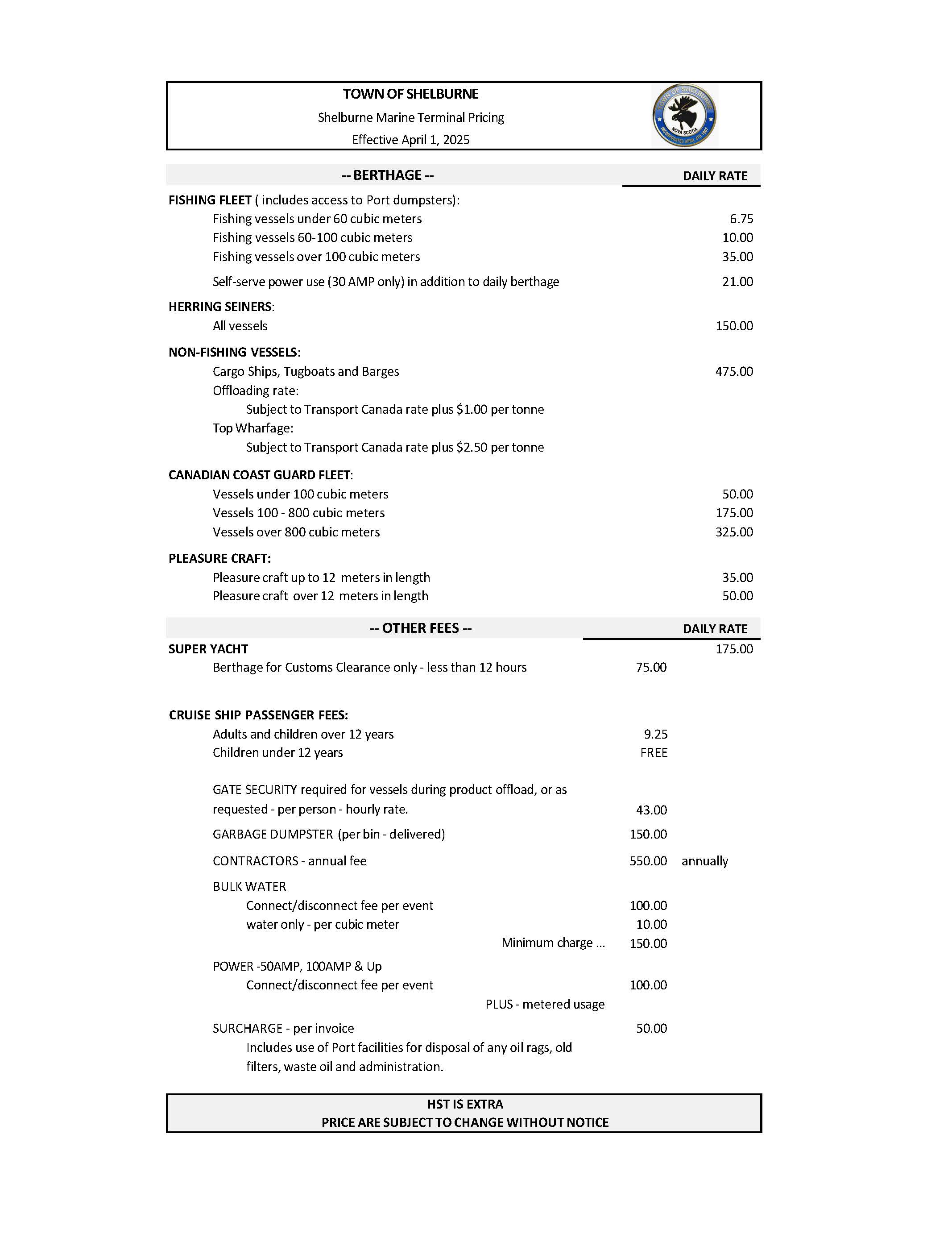 Port Rates Effective April 1 2025